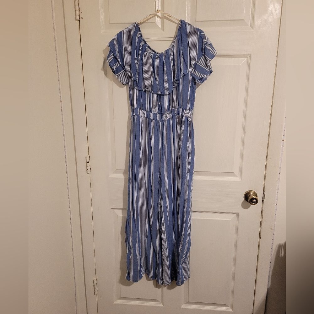 THML stripped print ruffled trim jumpsuit